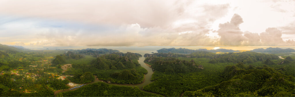 A drone view of Kilim Karst Geoforest Park in Langkawi Malaysia